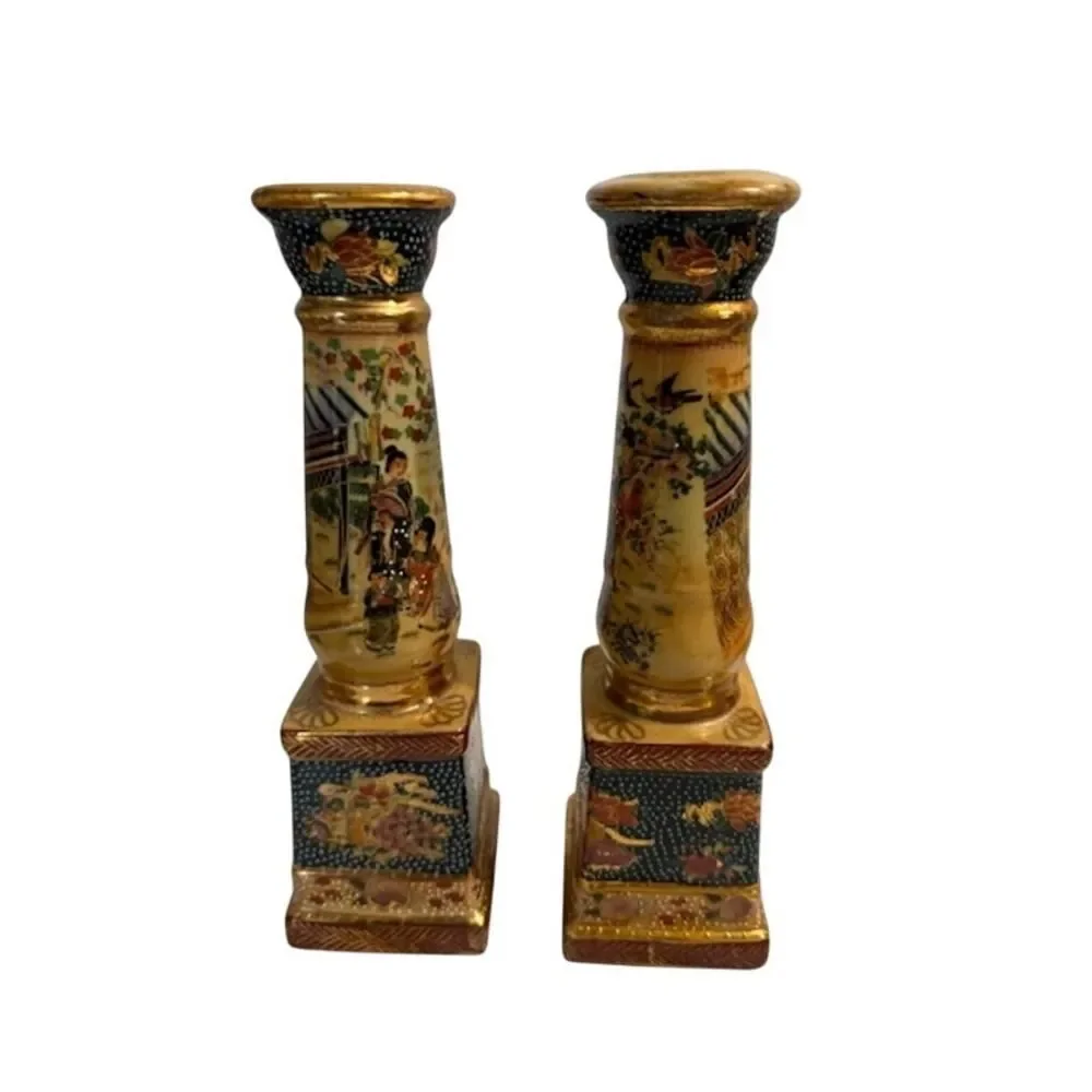 Royal Satsuma Pair Of Candlesticks Circa 1900s 9 1/2